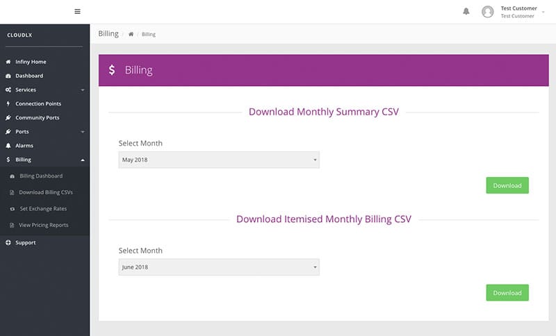 Billing CSV download screen