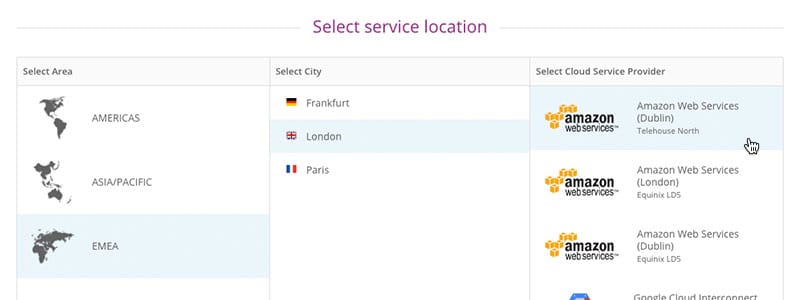 Select area, city and AWS service
