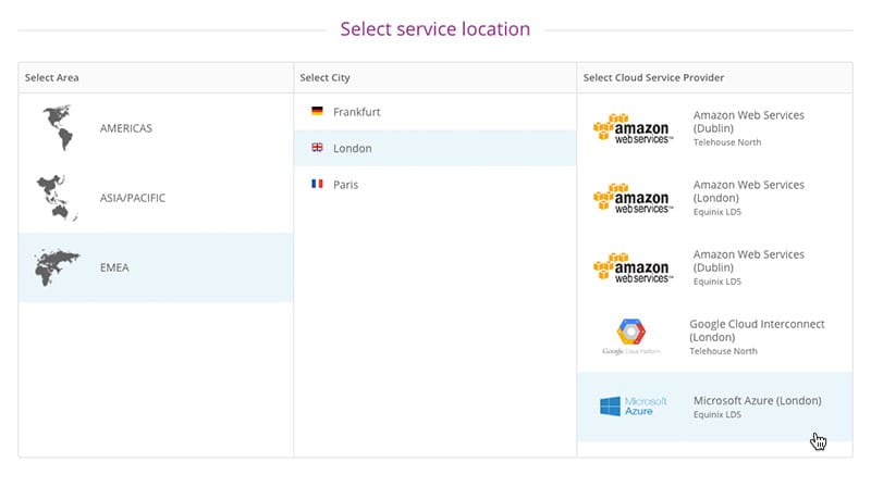 Select area, city and Azure service