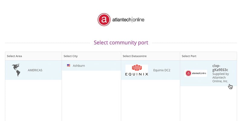 Select Area, City, Datacentre and the Community Port